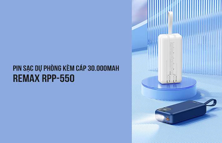 Pin sạc dự phòng kèm cáp 30000mAh 20W PD QC Remax RPP-550