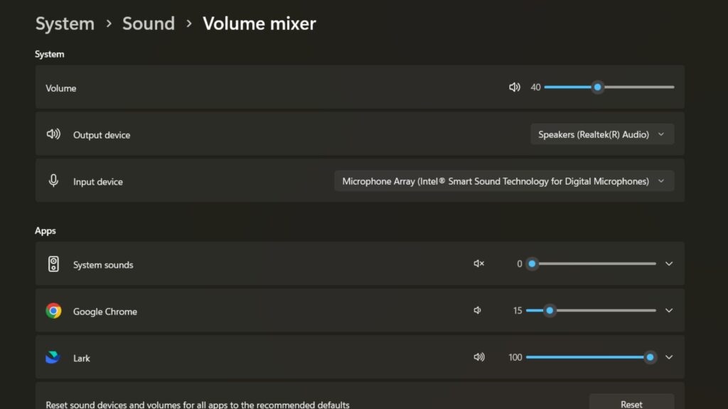 Kiểm tra âm lượng hệ thống (Volume Mixer)