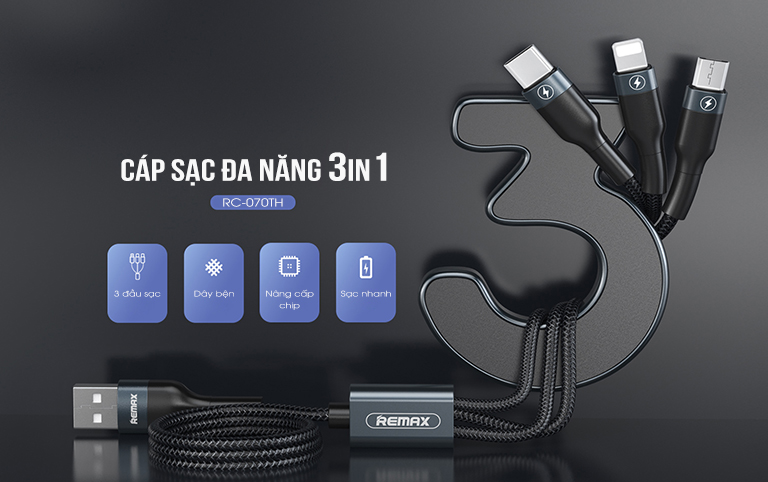 Giải pháp sạc gọn gàng cho bàn làm việc với dây sạc 3 đầu Remax